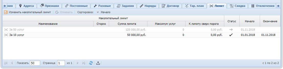 Модуль «Услуга», фрагмент. Вкладка «Лимит»