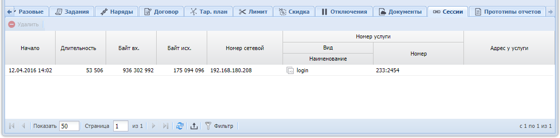 Модуль «Услуга», фрагмент. Вкладка «Сессии»