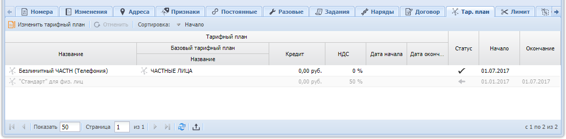 Модуль «Услуга», фрагмент. Вкладка «Тар. план»