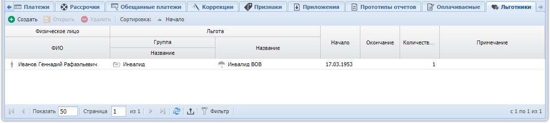 Модуль «Договор». Вкладка «Льготники»
