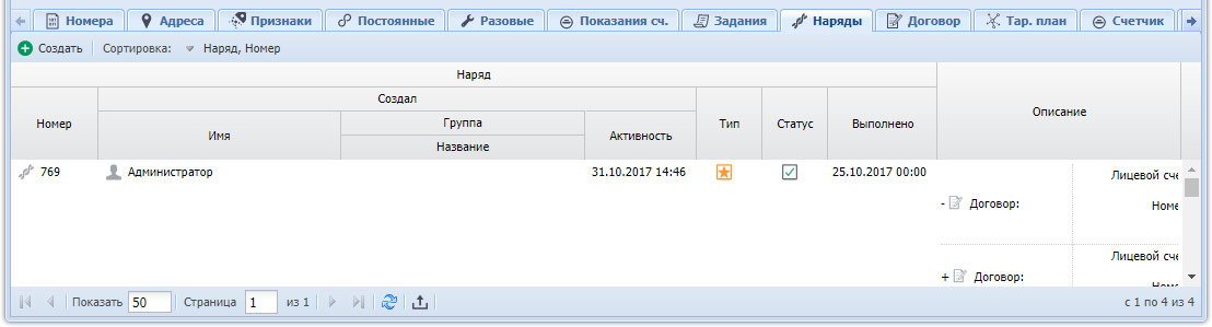 Модуль «Услуга». Вкладка «Наряды»