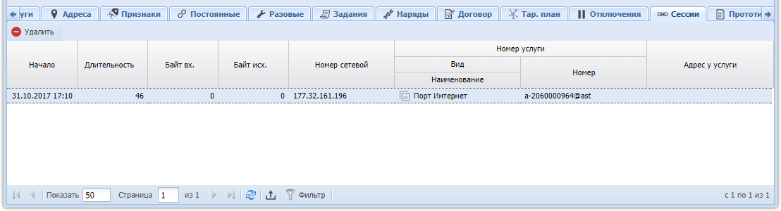 Модуль «Услуга». Вкладка «Сессии»