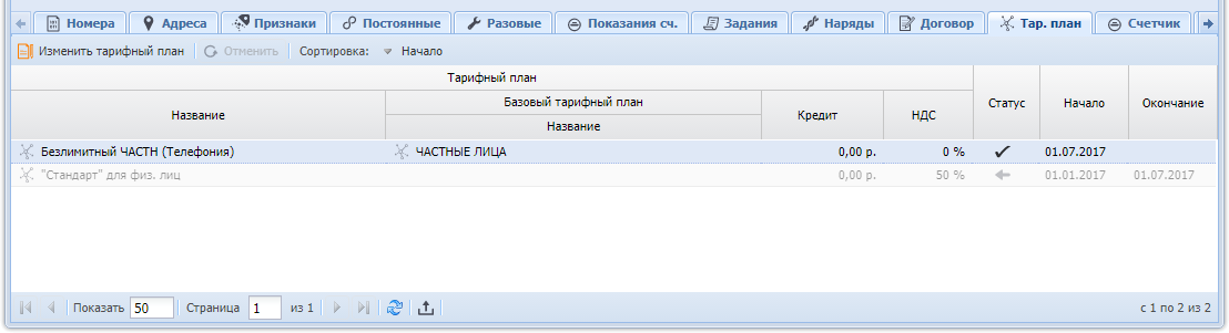 Модуль «Услуга». Вкладка «Тар. план»