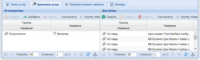 Модуль «Вид номеров». Вкладка «Признаки услуг»