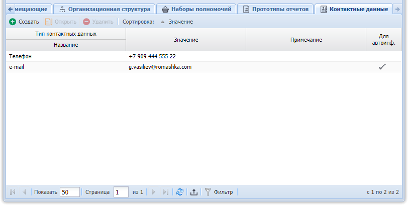 Модуль «Пользователь», фрагмент. Вкладка «Контактные данные»