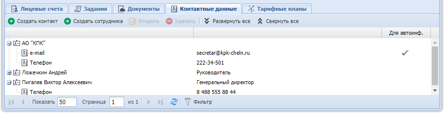 Модуль «Юридическое лицо», фрагмент. Вкладка «Контактные данные»