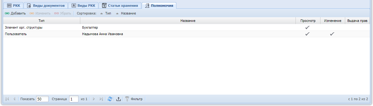 Модуль «Дело», фрагмент. Вкладка «Полномочия»
